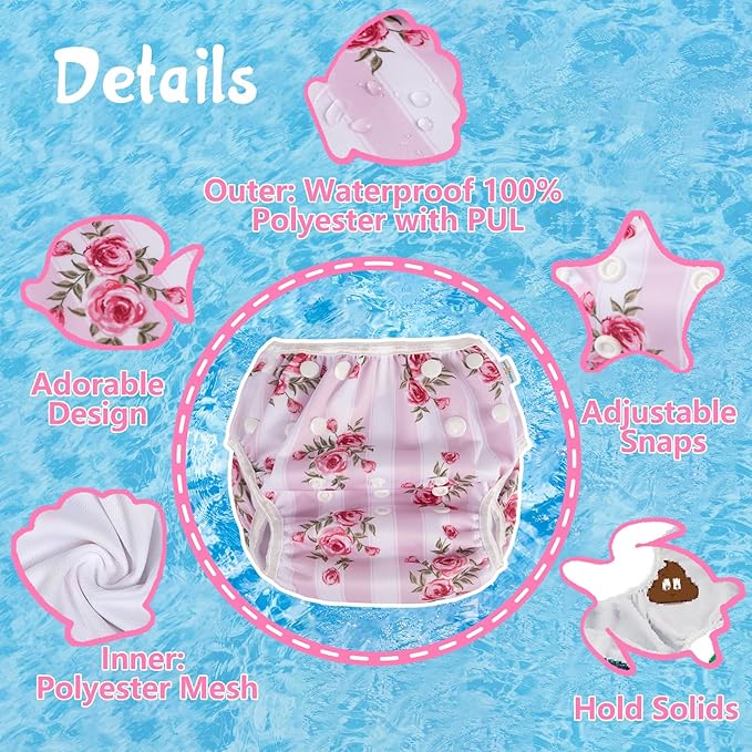 Babygoal Baby Girl Swim Diapers 3 Pack for 8M-3T Babies and Toddlers, Reusable Adjustable Washable for Swimming Lessons-Flower