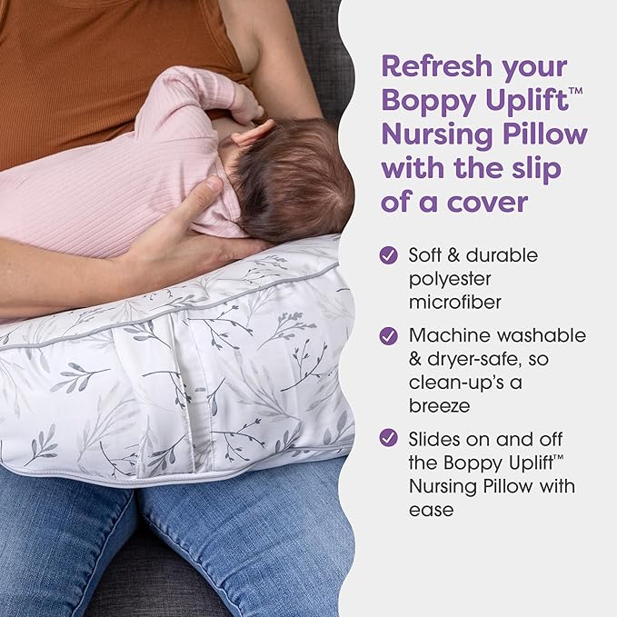 Boppy Uplift Nursing Pillow Cover - Soft Washable Microfiber Bottle & Breastfeeding Pillow Cover with Belt (Uplift Feeding Pillow Sold Separately) - Gray Gentle Leaves