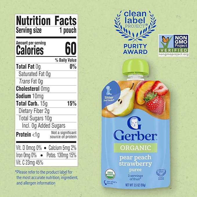 Gerber Stage 2 Baby Food, Organic Pear Peach Strawberry Puree Pouch, 2 Servings of Fruit, No Added Sweetener, No Artificial Colors or Flavors