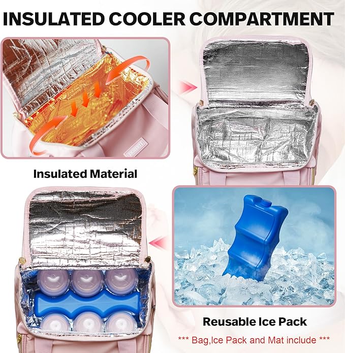 Wearable Breast Pump Bag,Breastmilk Cooler Travel Bag Compatible with Momcozy/Eufy/Elvie/Willow/Medela Breast Pump with Ice Pack and Water Resistent Mat for 6 Baby Bottles Up to 9 Ounce,Pink