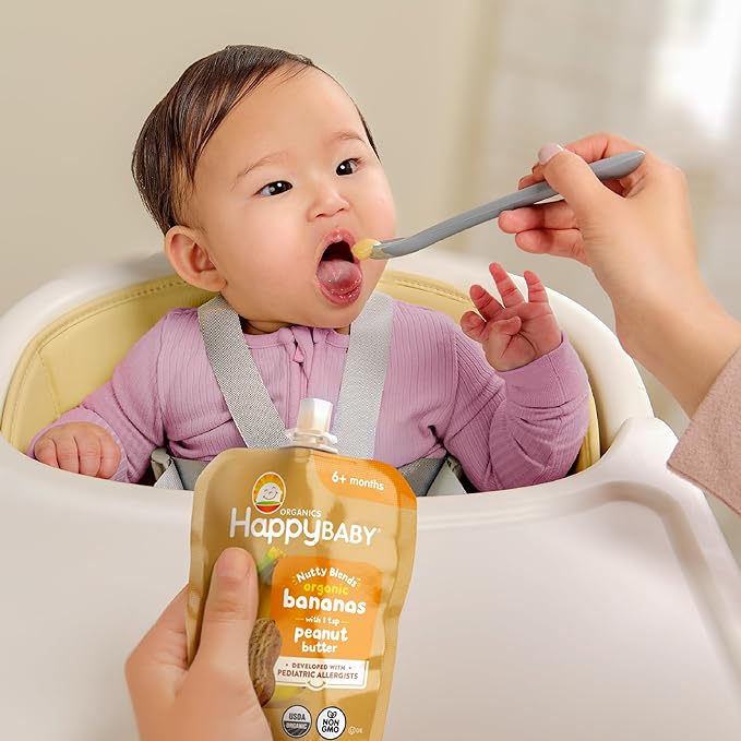 Happy Baby Organics Nutty Blends Stage 2, Bananas & Peanut Butter Organic Baby Food, 12 Ct