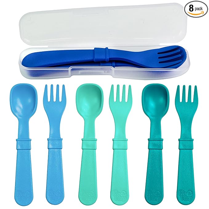 Re-Play Toddler Forks and Spoons Set - 4x4 Utensils Set for Kids - Dishwasher and Microwave Safe - Made in USA - Set of 8-5.8" x 1.2" x 0.2" - A True Blue