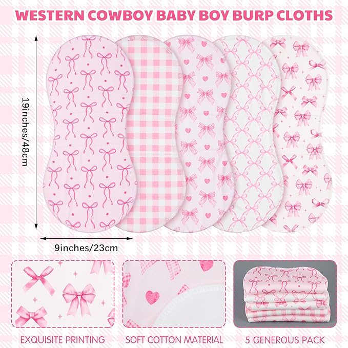 SmoothNovelty 5 Pack Pink Bow Baby Burp Cloths Soft Absorbent Burping Rags for Newborns 19"x9" Spit up Cloths for Boy Girl Newborn Baby Shower Registry Gifts Set Nursery Decor