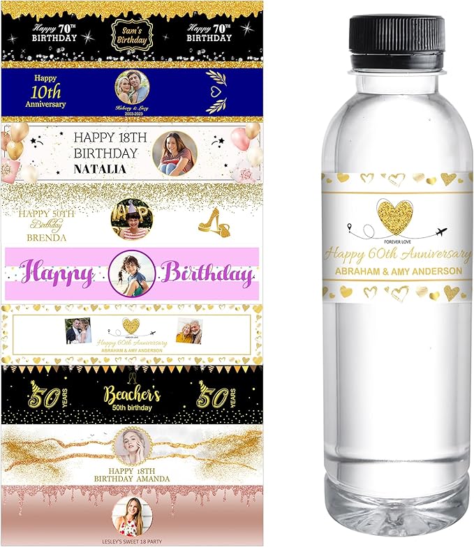 Personalized Water Bottle Labels for Birthday Anniversary Custom Happy Birthday Labels with Name for Water Bottle Stickers Waterproof Printable Photo Bottle Labels Gifts 50 Pcs