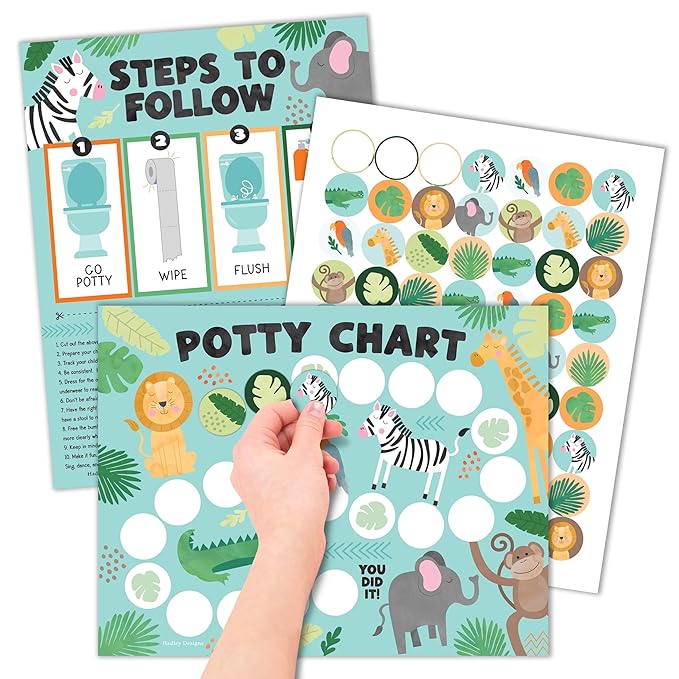 Hadley Designs Potty Training Chart for Toddlers Boys -10 Sticker Potty Chart for Toddlers Girls, 8.5x11" Potty Training Sticker Charts for Toilet Success, Safari Toddler Reward Chart for Kids