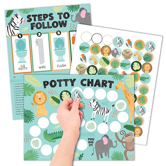 Hadley Designs Potty Training Chart for Toddlers Boys -10 Sticker Potty Chart for Toddlers Girls, 8.5x11" Potty Training Sticker Charts for Toilet Success, Safari Toddler Reward Chart for Kids
