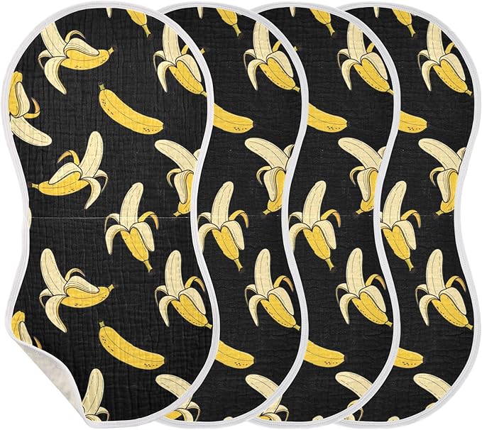 4 Pack Muslin Burp Cloths Cartoon Banana Black Print Cotton Baby Burp Cloths Absorbent Soft Burping Cloth Washcloths for Newborn Babies 22x11 Inch