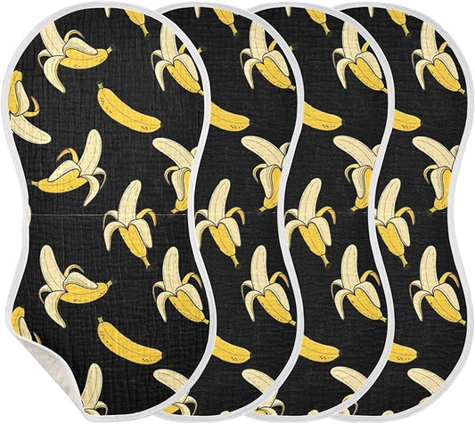 4 Pack Muslin Burp Cloths Cartoon Banana Black Print Cotton Baby Burp Cloths Absorbent Soft Burping Cloth Washcloths for Newborn Babies 22x11 Inch