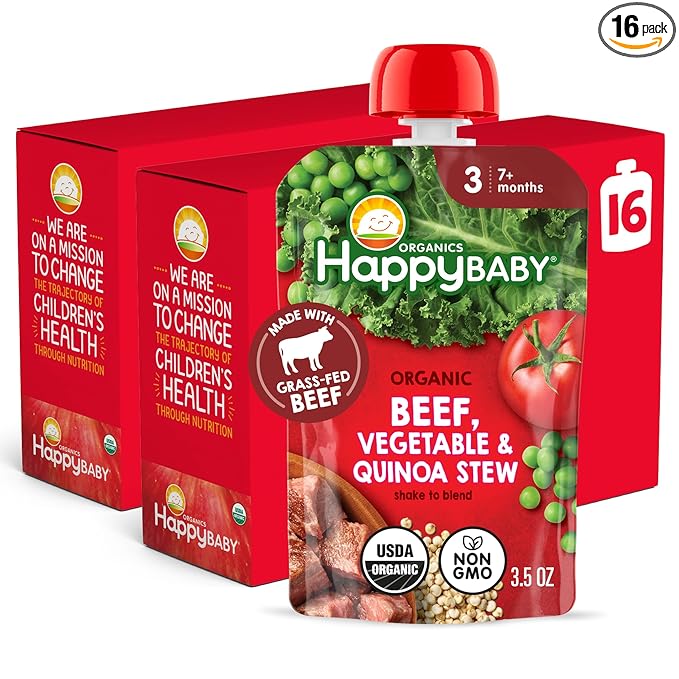 Happy Baby Organics Savory Blends Stage 3 Baby Food Puree, Grass Fed Beef, Market Vegetables & Quinoa Stew, 3.5 Ounce (Pack of 16)
