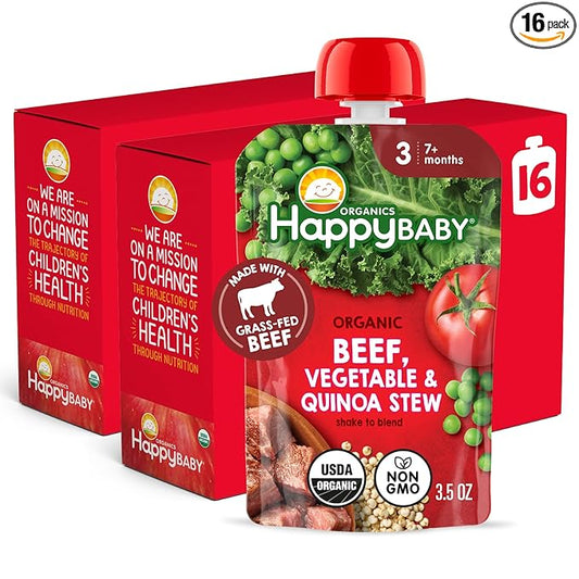 Happy Baby Organics Savory Blends Stage 3 Baby Food Puree, Grass Fed Beef, Market Vegetables & Quinoa Stew, 3.5 Ounce (Pack of 16)