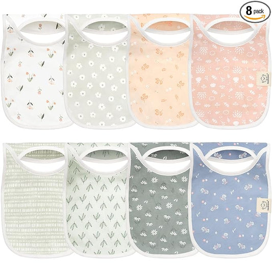 KeaBabies 8-Pack Bibs for Baby Girl, Boy - Pullover Large Baby Bibs for Drooling and Teething Infant, Newborn, Soft & Absorbent Organic Cotton, Long Torso Coverage Keep Toddler Clean & Dry (Fleur)