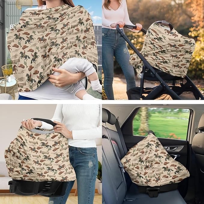 Southwest Tribal Cowboy Carseat Cover with Pillow Case 2 Piece Set, Nursing Breastfeeding Covers, Stretchy Car Seat Canopy+ U Shaped Pillowcase Cushion Protectors