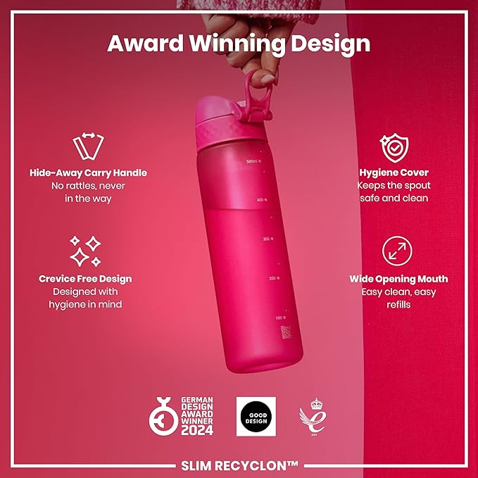 Ion8 Water Bottle, 500 ml/18 oz, Leak Proof, Easy to Open, Secure Lock, Dishwasher Safe, BPA Free, Hygienic Flip Cover, Carry Handle, Fits Cup Holders, Easy Clean, Odor Free, Carbon Neutral, Hot Pink