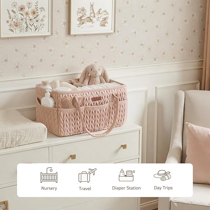 Konssy Braided Quilted Diaper Caddy Organizer, Boho Nursery Storage Basket with PU Leather Handles, Water-Repellent Portable Diaper Basket for Changing Table, Newborn Essentials (Blush)