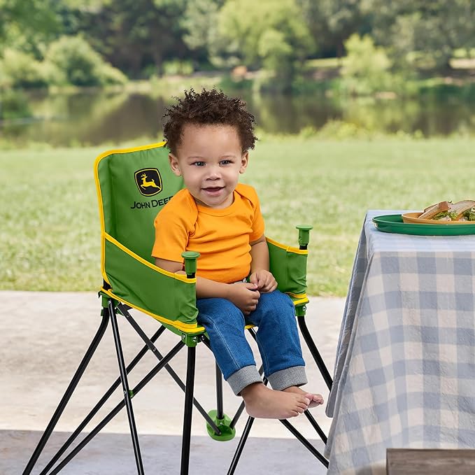 Bright Starts John Deere Pop 'N Dine Portable High Chair, Indoor/Outdoor, Dishwasher Safe Tray, Easy to Fold, Unisex, Green, 6 Months +
