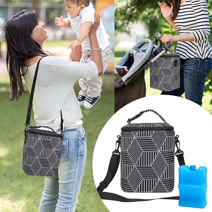 Breastmilk Cooler Bag with Ice Pack Fits 4 Baby Bottles Up To 9 Ounce Insulated Baby Bottle Bag Breast Milk Cooler on the Go with Strap Cooler Bag for Nursing Mom Daycare or Travel