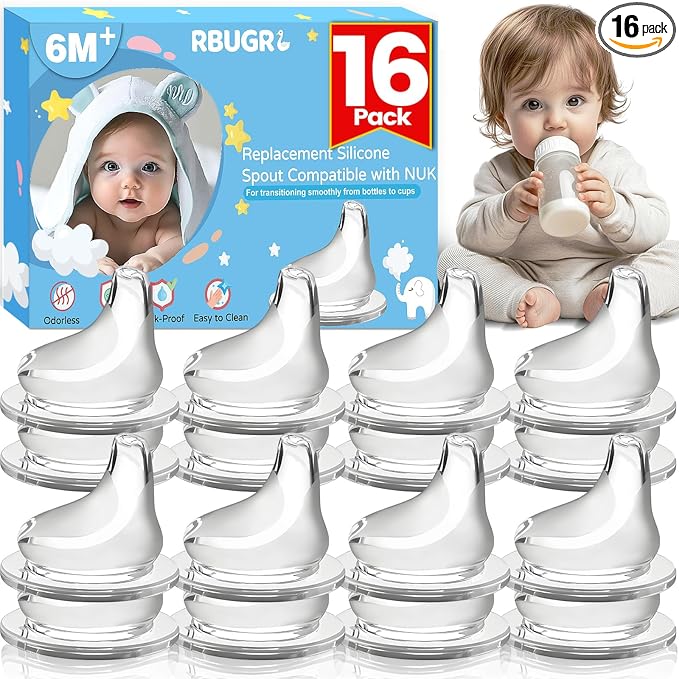 RBUGR 16 Pack Replacement Silicone Spout Compatible with NUK Active and Learner Cups, 100% Silicone Sippy Nipples for 6m+, Sippy Cup Nipple for NUK Learner Cup