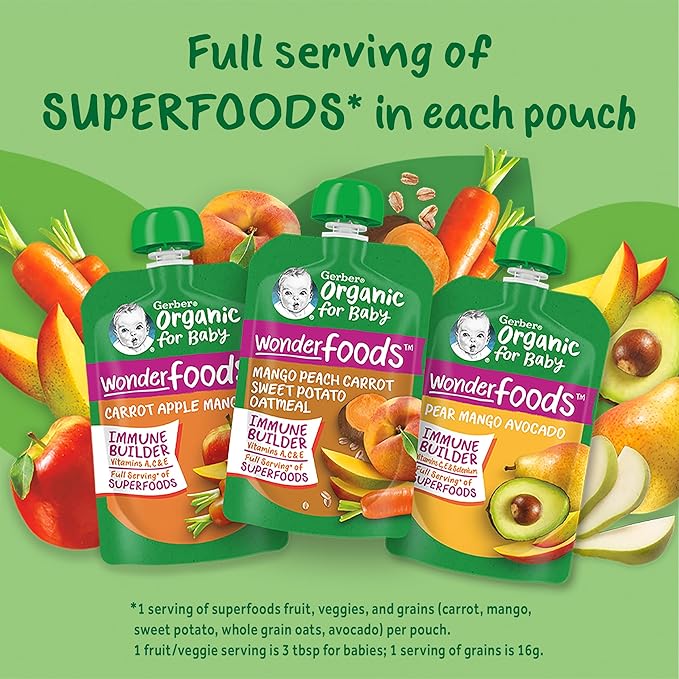 Gerber Organic For Baby 2nd Foods Pouches Immune Builder Variety Pack (3) Carrot Apple Mango (3) Mango Peach Carrot Sweet Potato Oatmeal (3) Pear Mango Avocado 1.96lb (18 Pack)