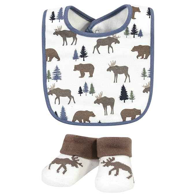 Hudson Baby Unisex Baby Cotton Bib and Sock Set, Moose Bear, One Size
