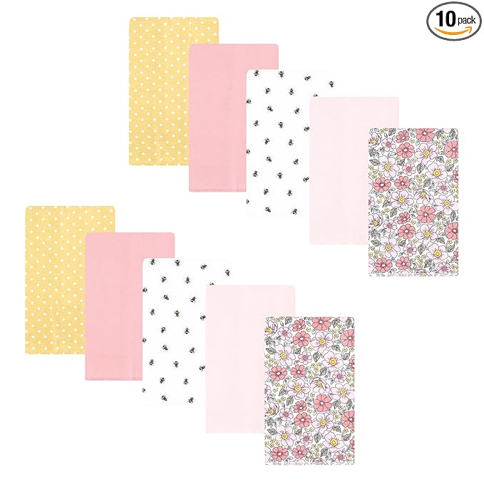 Hudson Baby Unisex Baby Flannel Burp Cloth 10pk, Pink Yellow Pretty Floral, One Size