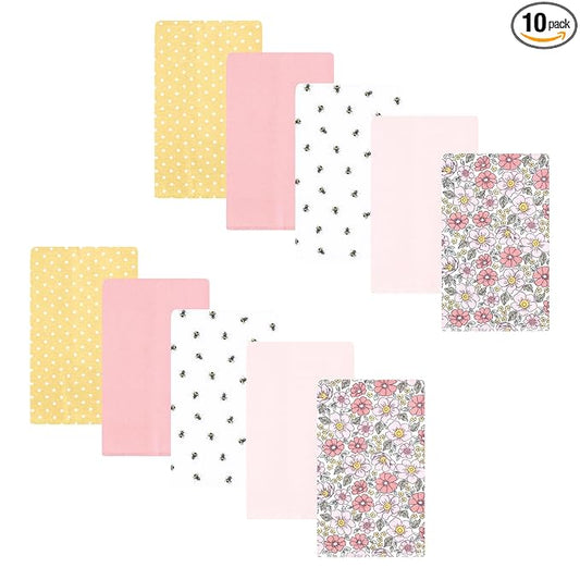 Hudson Baby Unisex Baby Flannel Burp Cloth 10pk, Pink Yellow Pretty Floral, One Size