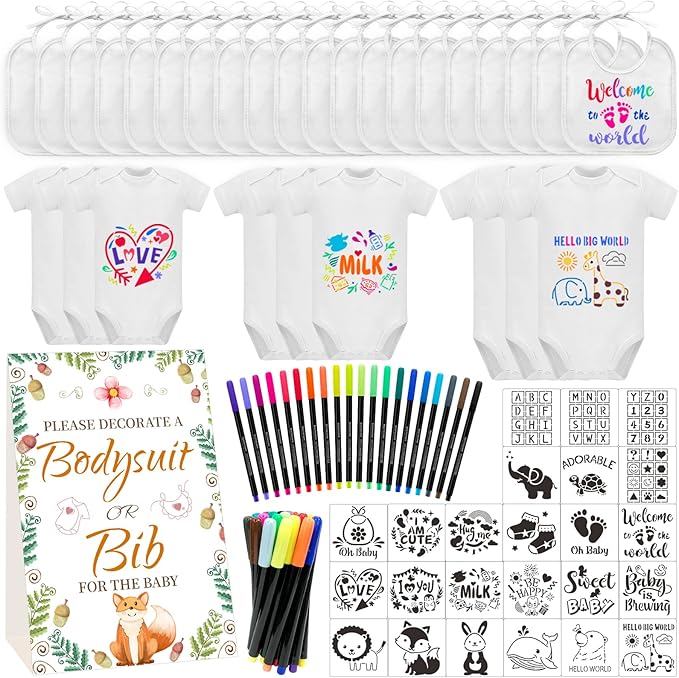 Bibs Bodysuits Baby Shower Game Sign Set Newborn Onesies Feeder Gift Fabric Marker Stencils Kit