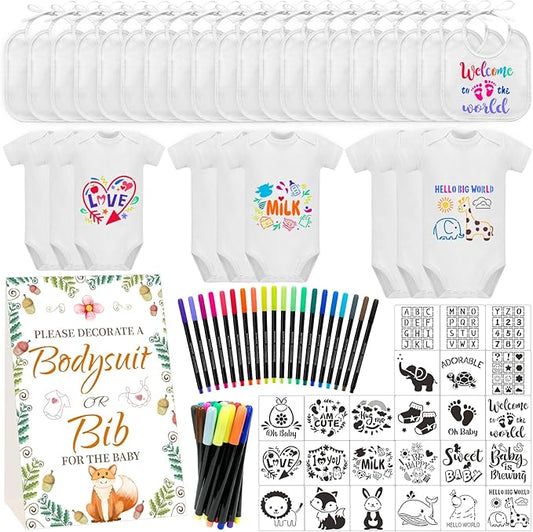 Bibs Bodysuits Baby Shower Game Sign Set Newborn Onesies Feeder Gift Fabric Marker Stencils Kit