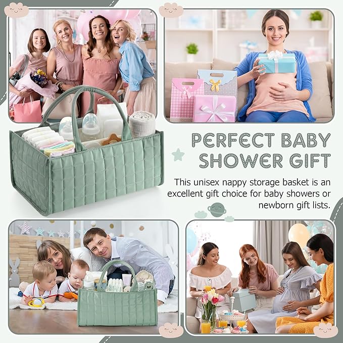 Huhumy Checkered Baby Diaper Caddy, Puffy Nursery Storage Organizer for Diapers & Babies Wipes, Large Quilted Tote Bag for Newborn Essentials Boy or Girl, Gift for Baby Shower Registry (Sage Green)