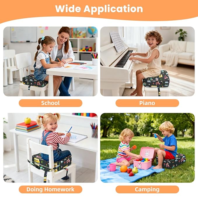 Toddler Booster Seat for Dining Table Kitchen Chair, Kids Booster Seat with Non-Slip Bottom and Adjustable Straps, 4" Detachable Washable Portable Travel Increasing Cushion (Transportation)