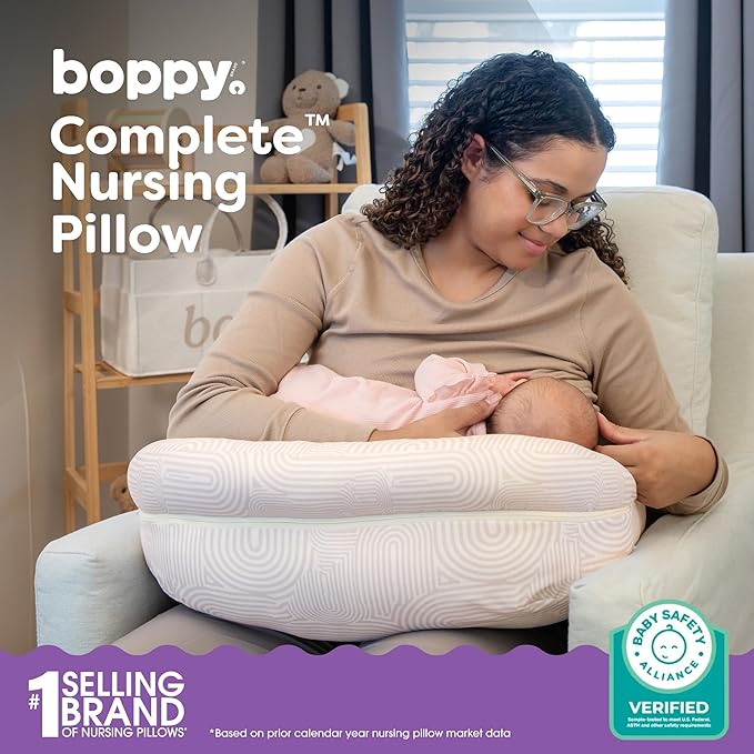 Boppy Complete Nursing Pillow, Breastfeeding & Bottle Feeding Ergonomic Feeding Pillow with Removable Belt, CloseComfort No-Gap Design, Full-Length Positioning Bolster, Washable Cover-Oat Retro Arches