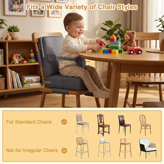 Booster Seat for Kitchen Chair, Non-Slip Toddler Booster Seat for Dining Table with Backrest, Adjustable Straps, Portable Travel Toddler Booster Seat with Storage Bag, Grey