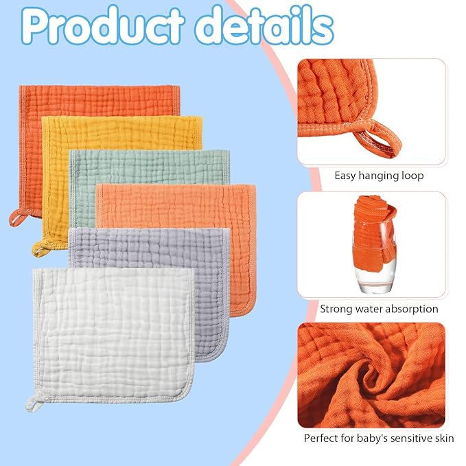 Hicarer 6 Pcs Girl Muslin Burp Cloths Cotton Burping Spit Rags Large 20 x 10 Inch 6 Layers Newborn Soft Absorbent Multicolor Wash Cloths Diapers for Baby Shower(Warm Color Series)