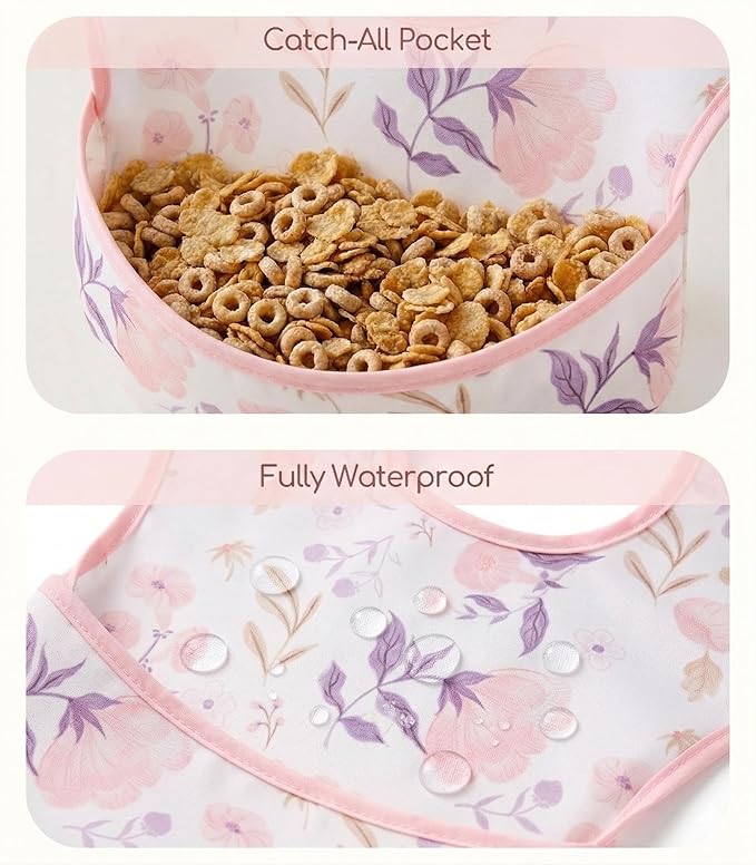 3-Pack Waterproof Baby Bibs for Eating - Mess Proof Lightweight Toddler Feeding Bibs with Large Food Catcher, Food-Grade Baby Eating Essentials, Easy to Put On & Clean(Light Pink Blossom)