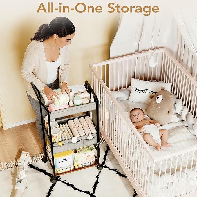 BBLIKE 3-Tier Diaper Caddy Organizer - Rolling Utility Baby Cart with Basket and Side Pockets for Nursery and Baby Essentials, Multi-Function Cart for Bedroom and Bathroom,Gray