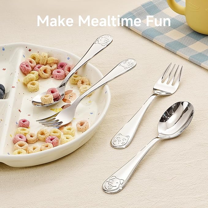 KINGSTONE Kids Silverware Set, 12-Piece Large Forks & Spoons, 18/10 Stainless Steel, Cat & Dog Print, Ergonomic Flatware for Self-Feeding Toddlers, Home & Travel