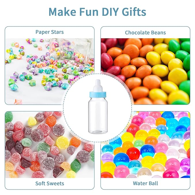 48 Pcs 4.5 Inch Baby Bottle Shower Favor Mini Plastic Candy Bottle Baby Shower Fillable Feeding Candy Box for Party Boy Girl Birthday Newborn Baptism with Removable Blue Tops