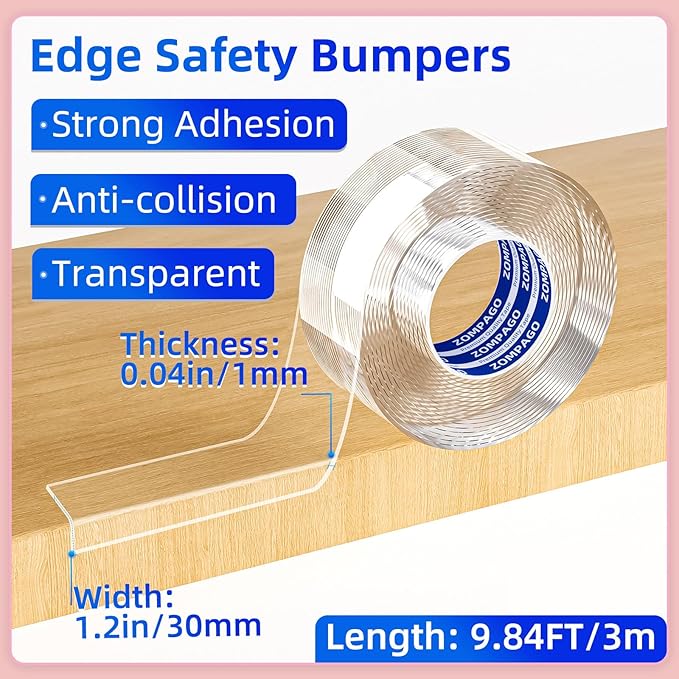 ZOMPAGO Clear Soft Corner Protectors for Baby Safety Furniture Strip 1.2in(W) x9.84FT(L), Sharp Edge Table Corner Bumpers, Wall Corner Guards, Baby Proof Corner Protectors for Cabinet & Window Edge