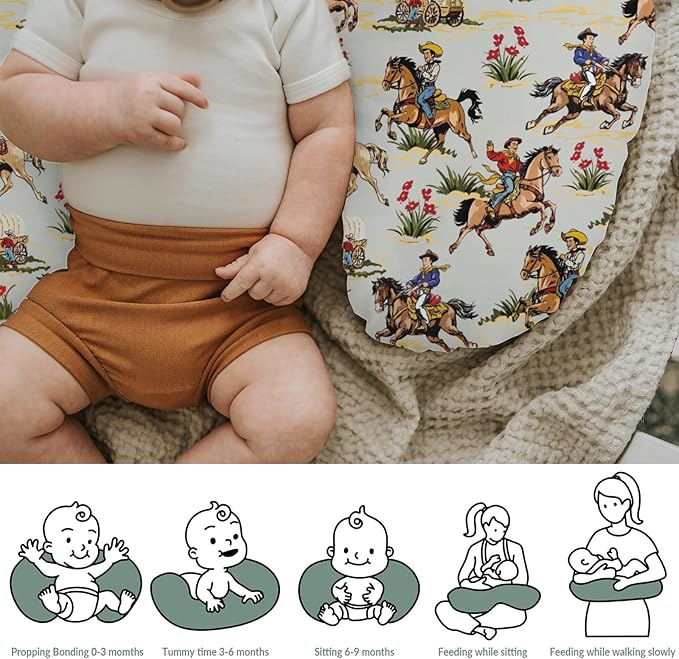 Vintage Cowboy Floral Nursing Pillow Covers for Boy Girl Western Cowboy Horse Nursing Pillow Slipcovers for Breastfeeding Pillows Wild West Desert Soft Stretchy Removable Covers for Newborn Infant