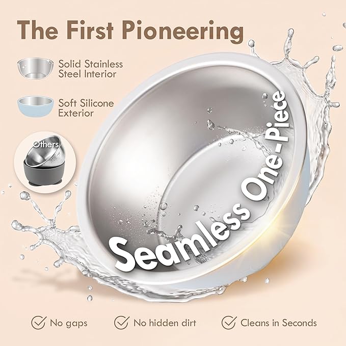 Moonkie Baby Suction Bowls for Self-Feeding: 3 Strong Suction Bases Prevent Spills - Seamless One-Piece Design for Easy Cleanup - Stainless Steel & Silicone Toddler Bowls with Lids - 13 oz 4 Pack