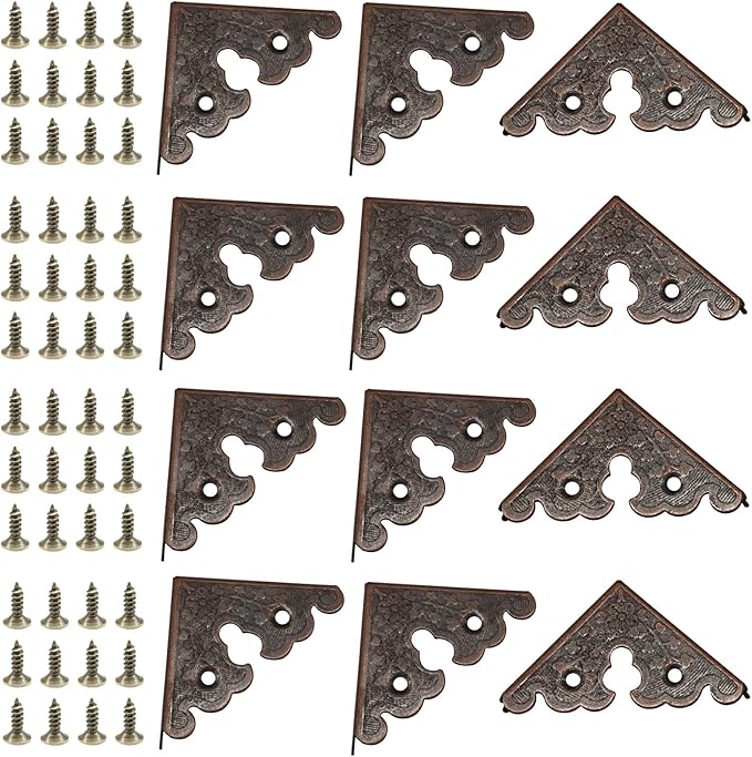 Bivethoi 12 Pack 1.34" x 1.34" Decorative Corner Protectors, Retro Style Edge Safety Guards Red Copper Covers, Vintage Metal Edge Cover for Furniture/Table/Jewelry Box