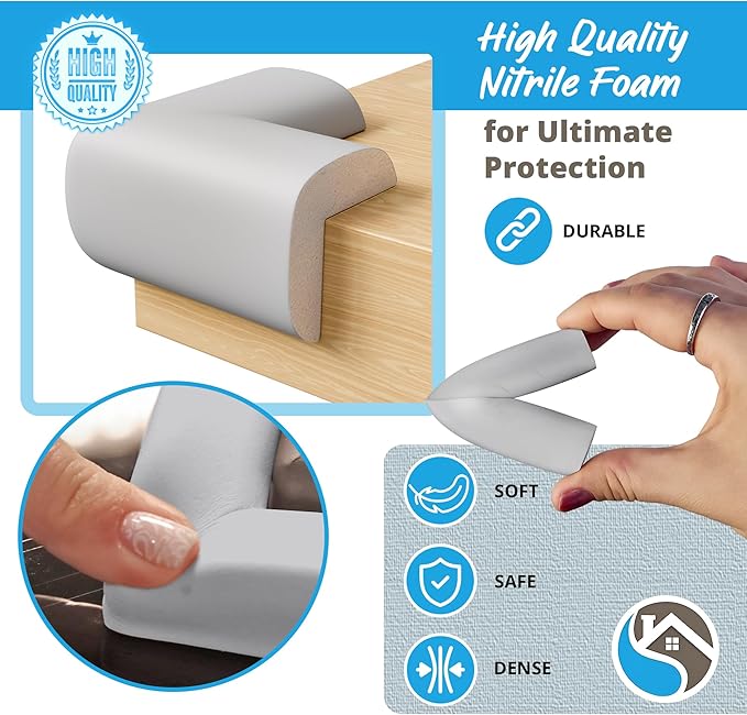 12-Pack Baby Proofing Corner Protectors, Furniture Corner and Edge Safety Bumpers, Soft Rubber Foam Cushion Covers, 3M Taped Corner Guards, Baby Child Proofing Pads for Tables & Furniture, Gray