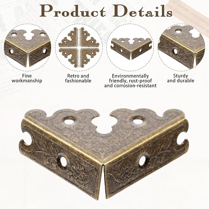 4 PCS Decorative Corner, Jewelry Box Corner Antique Bronze Triangle Edge Decorative Metal Corners Guard for Storage Box Jewelry Case Cabinet Coffee Table Wooden Chest etc
