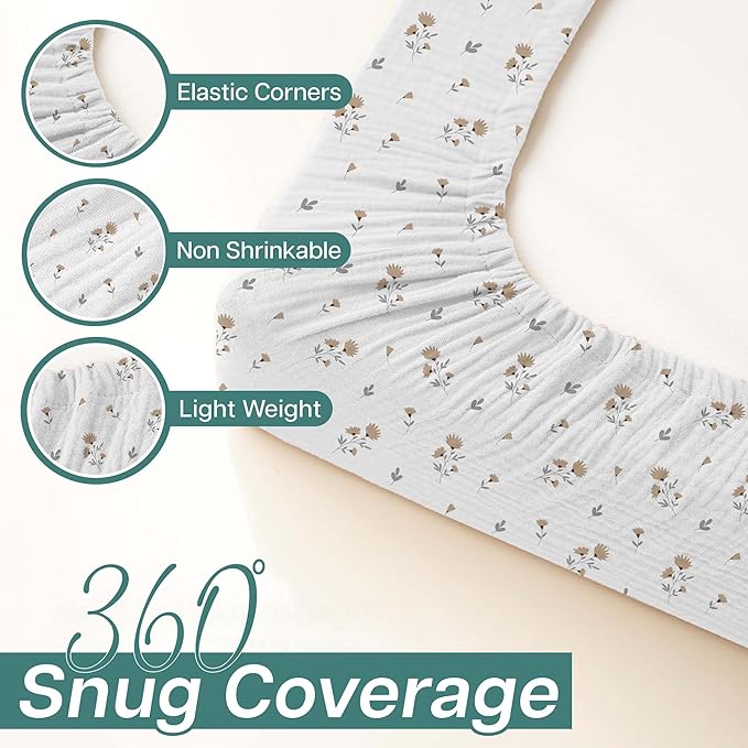 Mi Flor 2 Pack Muslin Changing Pad Cover 16x32x5 inches – Ultra Soft CPC Certified Baby Changing Table Cover with Elastic Corners, 360° Fit, Lightweight, Breathable, Fits Most Changing Pads