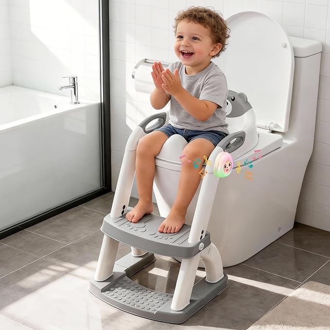 Potty Training Seat, SKYROKU Upgrade Toddler Toilet Seat for Kids Boys Girls, 2in1 Potty Training Toilet, New Sector-Shape Stabilized Base 8898Music-Grey