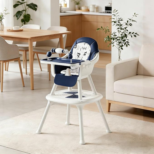 Convertible 4-in-1 Baby High Chair with Block Table, Infant to Toddler Feeding Chair with Play Tray & Built-in Toys, Removable PU Cushion, Easy to Clean Dining & Activity Chair–Blue