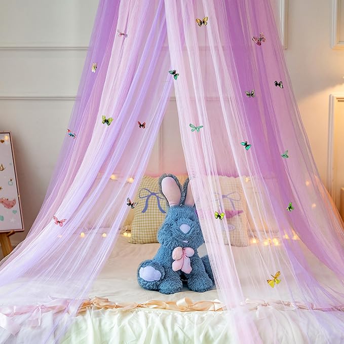 Princess Pink Purple Bed Canopy with Butterflies for Girls Bed Net,Princess Canopy for Kids Bed Room Decor (Pink Purple+Butterflies)