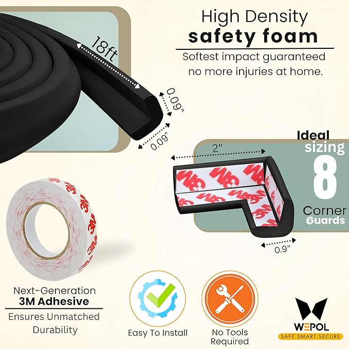 Table Edge Protector for Baby Proofing (18ft Edge & 8 Corners) Baby Proof Corners and Edges Guard, Soft NBR Rubber Foam 3M Adhesive, Furniture Corner & Edge Safety Bumpers for Table & Fireplace-Black