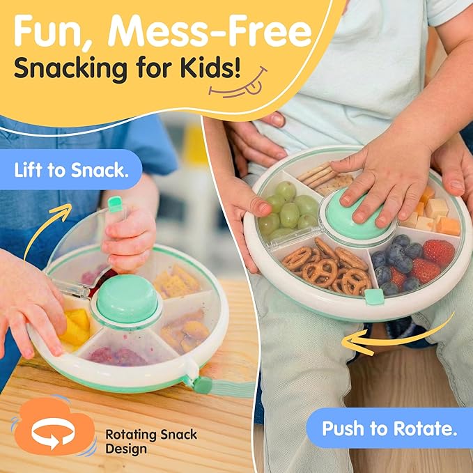 TRENDO Snack Spinner for Toddlers – Green Rotating Snack Container, BPA & PVC-Free Baby Snack Box, Spill-Proof Toddler Snack Container with Hand Strap, 5 Compartments Travel Snack Box for Kids