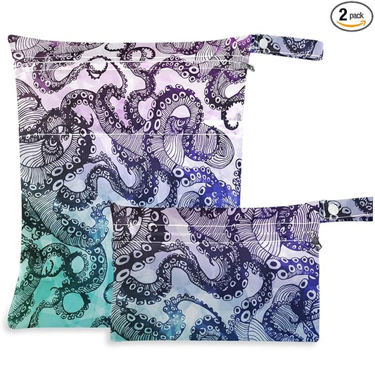 visesunny Abstract Octopus Hipster 2Pcs Wet Bag with Zippered Pockets Washable Reusable Roomy Diaper Bag for Travel,Beach,Daycare,Stroller,Diapers,Dirty Gym Clothes,Wet Swimsuits,Toiletries