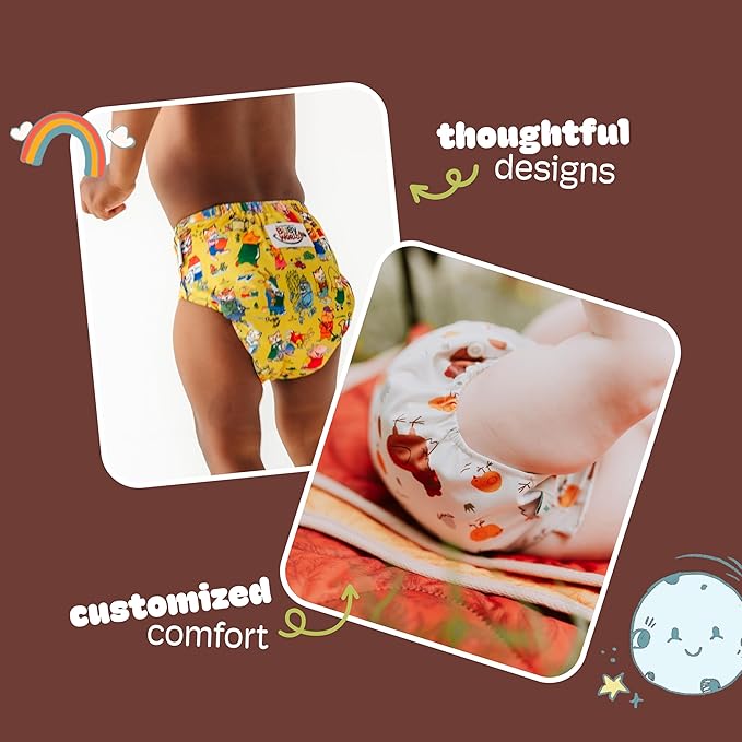 Kinder Cloth Diapers Reusable Baby Diapers Pocket Style Athletic Wicking Jersey, Bamboo Viscose Inserts, Wet Bag, Newborn to Potty Training 7-60lbs, One Size (On the Farm, 3 Pack, with Inserts)